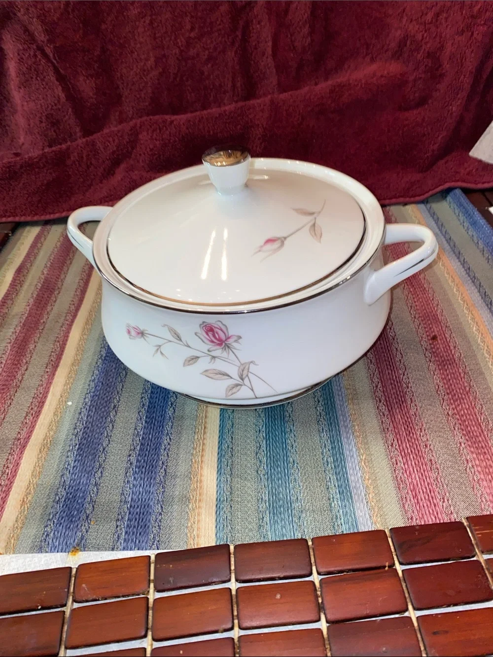 Vintage Seiza White Floral Covered Casserole Dish with Pink Rose Accent